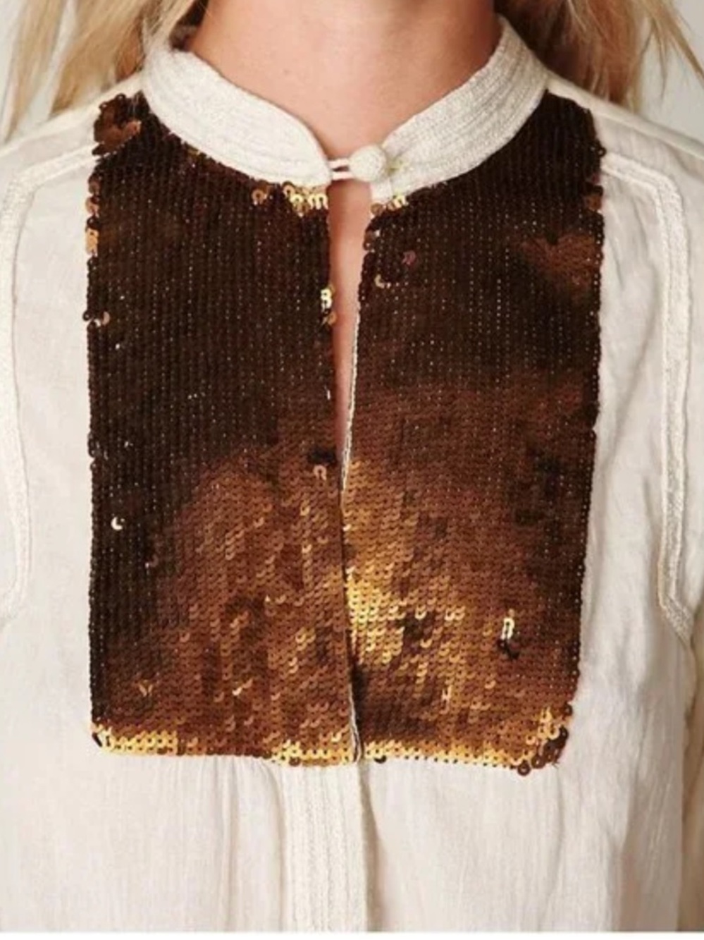 Free People New Romantics Cream Blouse Shirt with Brown Sequin Bib boho L - Picture 2 of 13